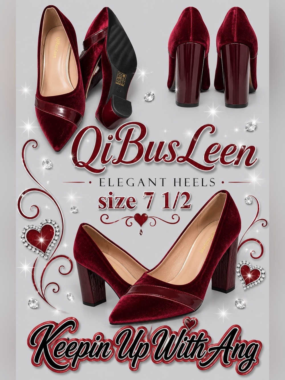 QiBusLeen Women's Burgundy Velvet Block Heel Pumps - Size 7.5